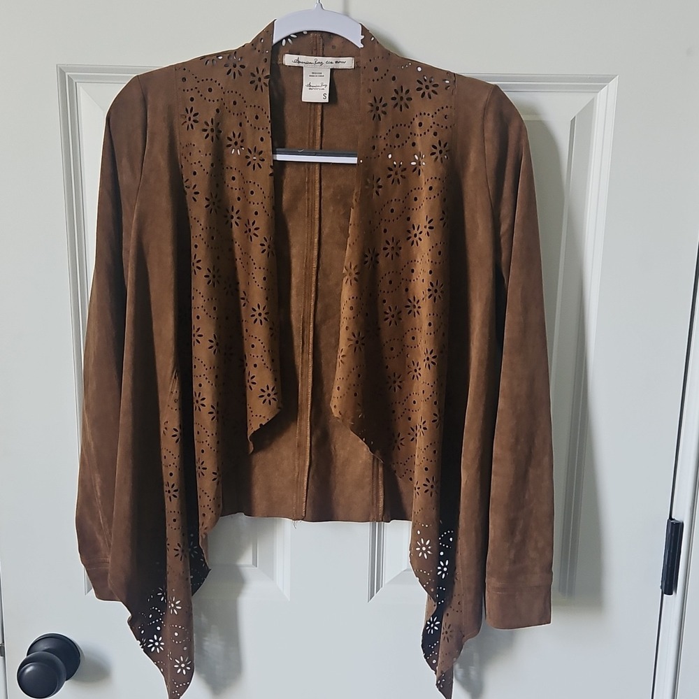 American‎ Rag Suede Laser Cut Open Front Jacket Size S Boho Spring Fall